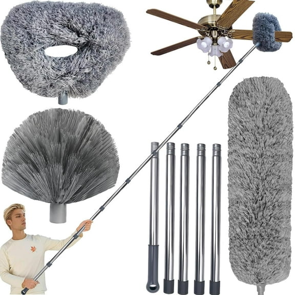 20+ Ft High Reach Ceiling Fan Duster & Cobweb & Corner Brush Duster with 3-14 ft Spliceable Pole Microfiber Feather Duster for Spider Web, High Ceiling, Blinds, Furniture Cleaning Tool Kit