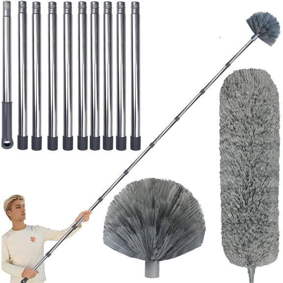 20 Ft+ High Reach Cobweb Dusting Kit with 3-14 Ft Extension Pole/Spider Web Brush & Ceiling Duster Microfiber Feather Duster with Washable Head for Cleaning Ceiling Fan, Furniture, Home