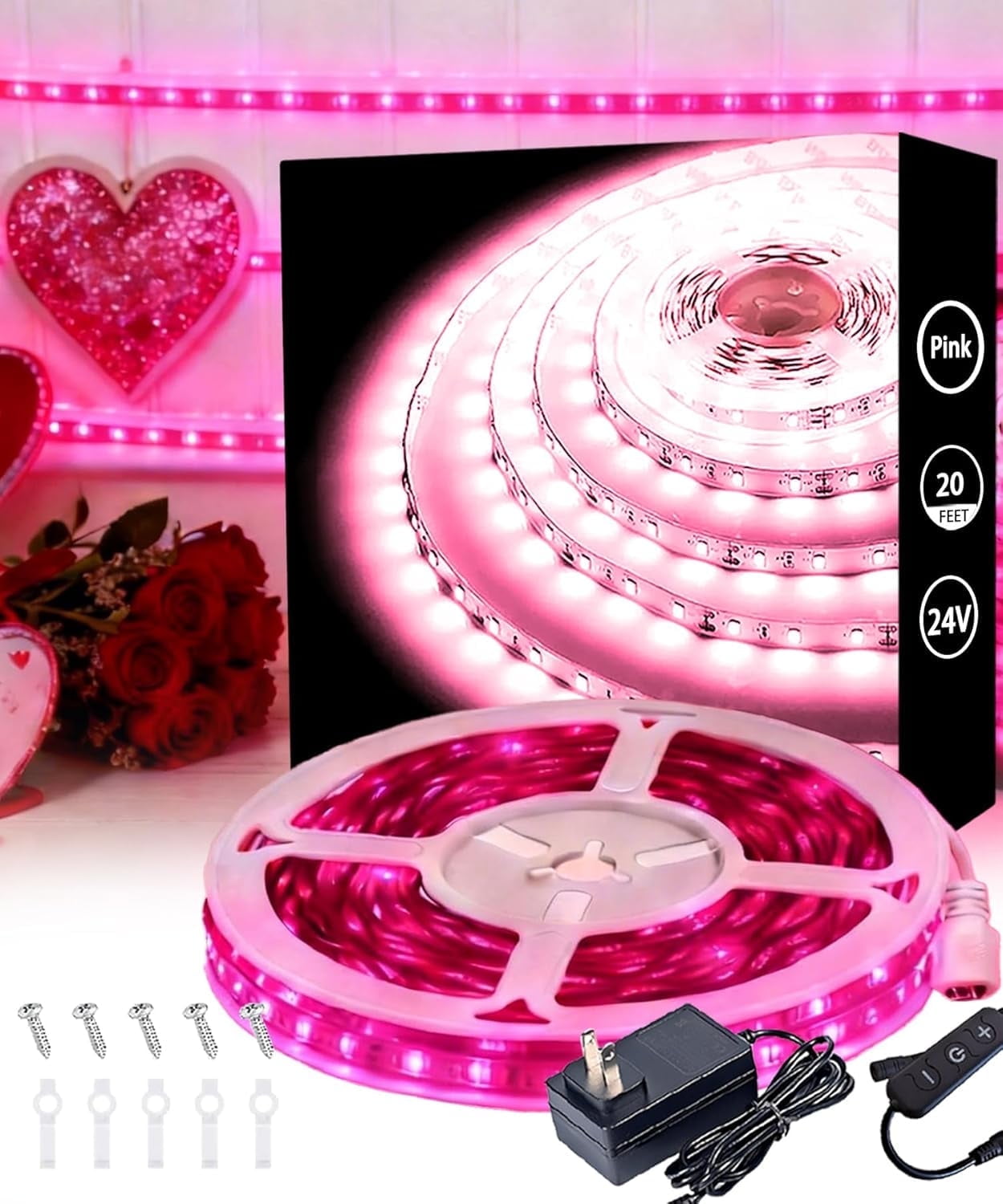 20 Ft Pink Led Lights Strip Rope Lights with Dimmer Control forIndoor Decor Cuttable Strip Lights for Baby Room Bedroom Living Room Kitchen