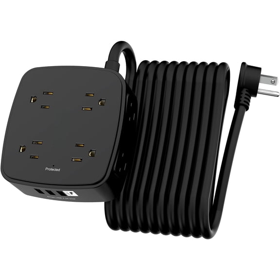 20 Ft Surge Protector Power Strip - 8 Widely Outlets with 4  Ports, 3 Side Outlet Extender with 20  Extension Cord, Flat Plug, Wall Mount, Desk   Station, ETL, Black