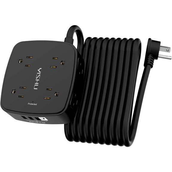 20 Ft Surge Protector Power Strip - 8 Widely Outlets with 4 USB Ports, 3 Side Outlet Extender with 20 Feet Extension Cord, Flat Plug, Wall Mount, Desk USB Charging Station, ETL, Black