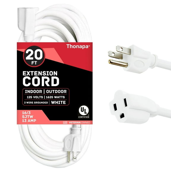 Thonapa 20 Ft Outdoor & Indoor Extension Cord - 16/3 SJTW Weatherproof Water Resistant White Electrical Cable with 3 Prong Grounded Plug - Great for Home Office