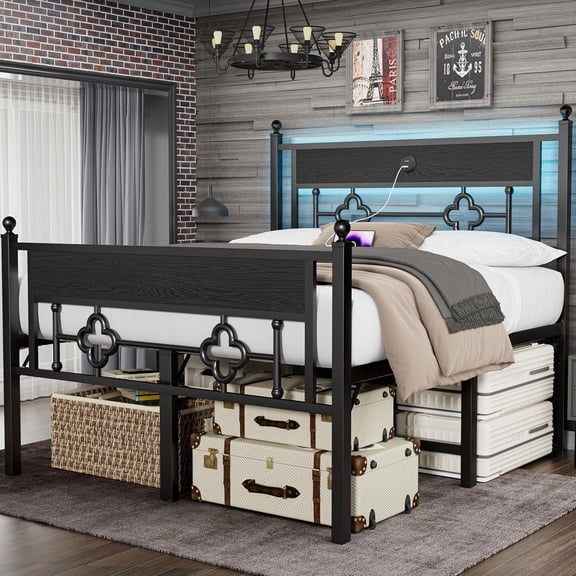 20" Full Size Metal Platform Bed Frame with LED Light &  Station,  Iron-Art Tall Headboard & Footboard,  Metal Slats Support, No Box Spring Needed, Noise-Free Design Black