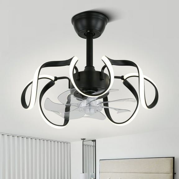 20" Futuristic Modern Black Flush Mount Ceiling Fan with LED Light, Low Profile 6-Speed Smart APP Remote Control
