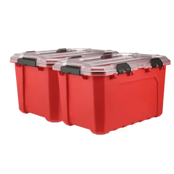 20 Gal. Professional Heavy Duty Waterproof Stackable Plastic Storage Container with Hinged Lid in Red