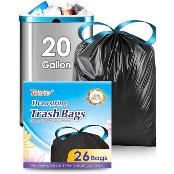 20 Gallon 26 Counts Large Drawstring Trash Bags Strong Tall Kitchen Garbage Bags for Home/Office/Light Residential Waste/Outdoor Trash Can, LawnTrash Bin liners Black
