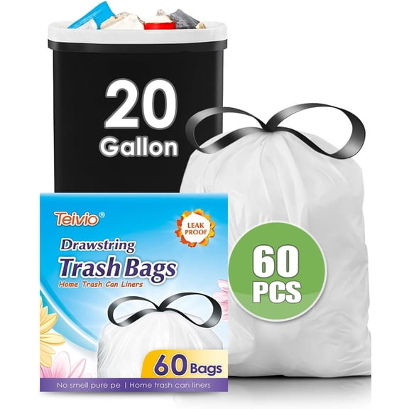 20 Gallon 60 Counts (fit 18-20 Gal) Large Drawstring Trash Bags Strong Tall Kitchen Compactor Bags Garbage Bags for Home/Office/Light Residential Waste/Outdoor Trash Can, LawnTrash Bags White