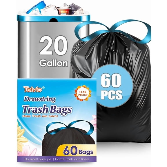 20 Gallon 60 Counts (fit 18-20 Gal) Large Drawstring Trash Bags Strong Tall Kitchen Compactor Bags s for Home/Office/Light Residential Waste/Outdoor Trash Can, LawnBlack Trash