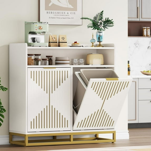 20 Gallon Double Tilt Out Trash Bin Cabinets, Freestanding Recycling Cabinet, Modern Farmhouse Storage Cabinet for Kitchen, Dining Room, Laundry, White (No Trash Can)