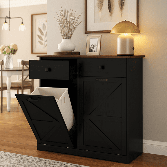 20 Gallon Double Tilt Out Trash Cabinet Trash Cans, Free Standing Recycling Cabinet with Hideaway Drawer, Barn Door Style Laundry Sorter Cabinet, Tilt Out Trash Cabinet for Kitchen, Cabinets, Black