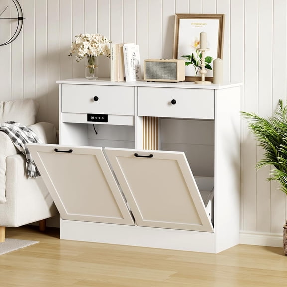 20 Gallon Double Tilt Out Trash Can Cabinet, Wooden Storage Garbage Can Cabinets with Deodorizer Function, Hidden Laundry Hamper Cabinet with Drawer, Pet-Proof Garbage Bin - No Pattern, White