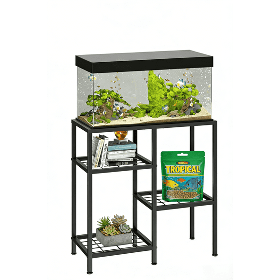 20 Gallon Fish Tank Stand - 3-Tier Metal Aquarium & Reptile Tank Stand with Storage Shelves, Black