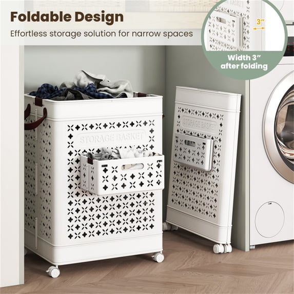 20 Gallon Foldable Laundry Hamper with Mini Hanging Basket, PP Hollow Design with Wheels