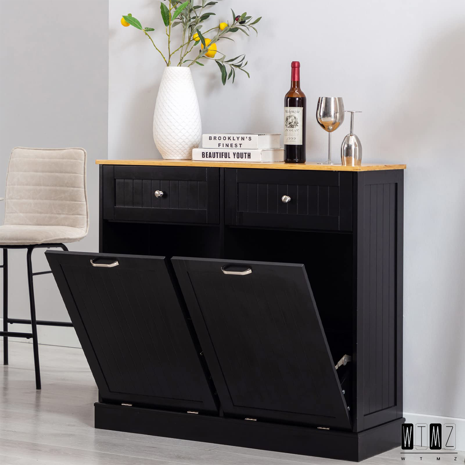 20 Gallon Freestanding Wooden Kitchen Trash Recycling with