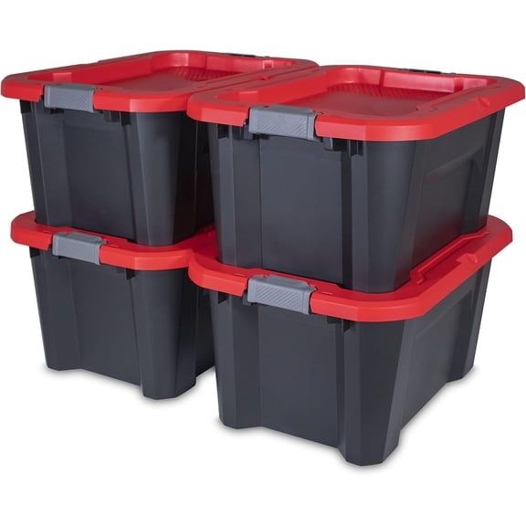 20-Gallon Heavy Duty Stackable Storage Bins with Dual Latching Lids, Dorm Room Essentials, Moving Boxes, Back to School, Classroom Organization, 4 Pack (14.3H x 19.7W x 28.2D)