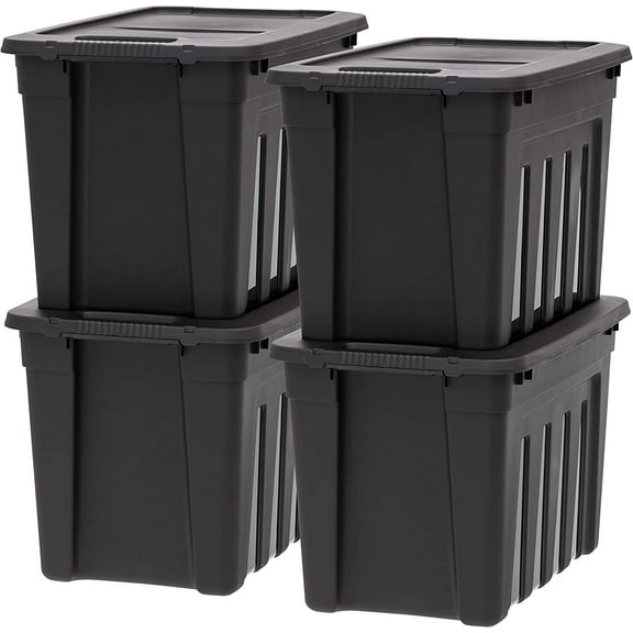 20 Gallon Heavy Duty Storage Totes with Easy-Grip Handles, 4 Pack - Large Bins with Lids Garage Organizing Tubs, Durable Stackable Utility Containers, Made in USA - Black