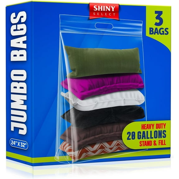 20 Gallon Jumbo Storage Bag with Handle, Resealable Zipper Top 24x32, 6 Bags - Clear Big Plastic, Extra Large XL, 4 Mil Thick Heavy Duty for Travel, Camping Gears, Pillows, Comforters