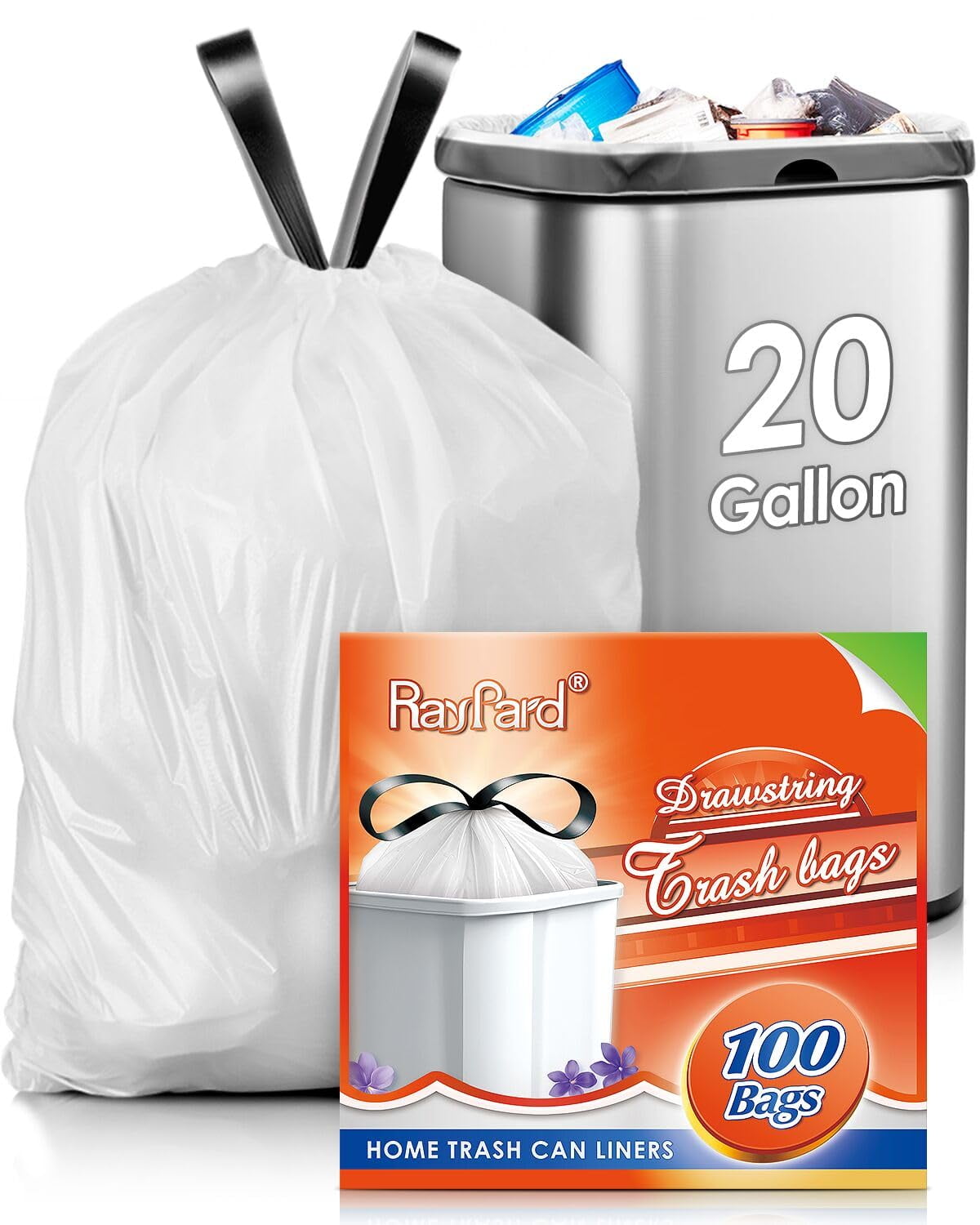 20 Gallon Large Drawstring TSF6Trash Bags Fit 20-21 Gal, 100 Counts Heavy Duty Tall Kitchen Garbage Liners, Large Trash Bags Size Chart for Home, Office, Outdoor Lawn and Leaf Bags, White