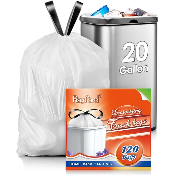 20 Gallon Large Drawstring Trash Bags 120 Counts, Fit 20-21 Gal Trash Can, Heavy Duty Tall Kitchen Garbage Liners, Large Trash Bags Size Chart for Home/Office, Outdoor Lawn & Leaf Bags, White