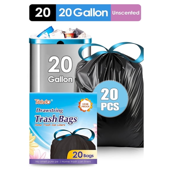 20 Gallon Large Drawstring Trash Bags 20 Pcs, 21 Gal, Heavy Duty Tall Kitchen Garbage Liners, Trash Bags Home/Office, Outdoor Lawn & Leaf Bags, Black
