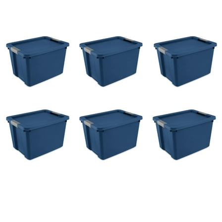 Sterilite Large Storage Bin, 20 Gallon Plastic Storage Container with Latch Lid, Blue, 6 Pack