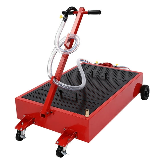 20 Gallon Oil Drain Pan,Low Profile Oil Drain Pan with Manual Rotary Pump & Foldable T-Handle,Large Capacity Oil Change Pan with 7.2ft Hose,Rolling Oil Drain Tank Cart for Trucks,Buses,RVs,Red