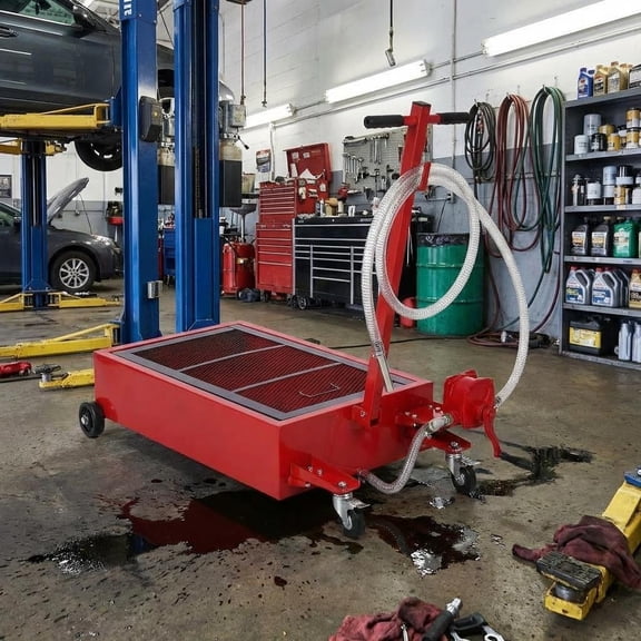 20 Gallon Oil Drain Pan with 12V Electric Pump, 76L Low Profile, T-Foldable Handle & Wheels, 8FT Hose Oil Drain Cart, Red