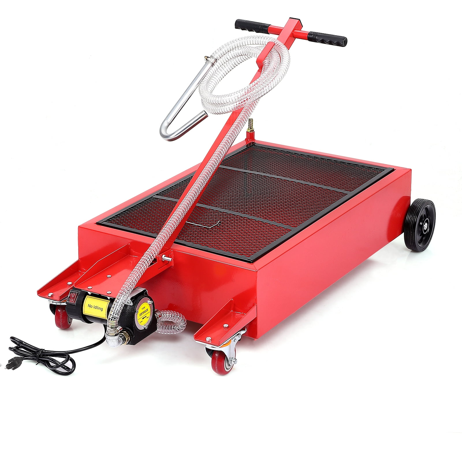 20-Gallon Steel Oil Drain Pan with 110V Electric Pump, Oil Change Pan with 8-Ft Hose & Foldable T-Handle, Built-in Casters for Cars, Trucks, and Buses