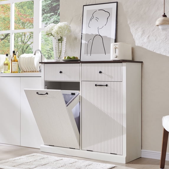 20 Gallon Tilt-Out Trash Can Cabinet, Modern Laundry Hamper Cabinet with Drawers, Hidden Garbage Can Cabinet for Kitchen and Living Room