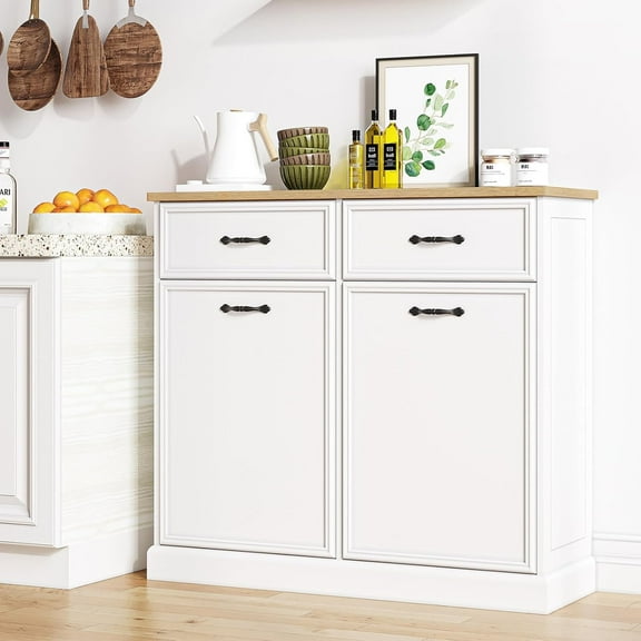20 Gallon Tilt Out Trash Cabinet, Freestanding Kitchen Trash Bin Cabinet with Hideaway Drawer, Pet Proof Wooden Garbage & Recycling Cabinet for Kitchen & Living Room, White