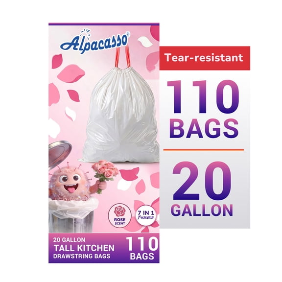 20 Gallon Trash Bags Rose Scented (110 Count), Tall Kitchen Drawstring Garbage Bags ,Ultra-Flexible, Leak and Odor-Resistant High Density Garbage Bags (White)