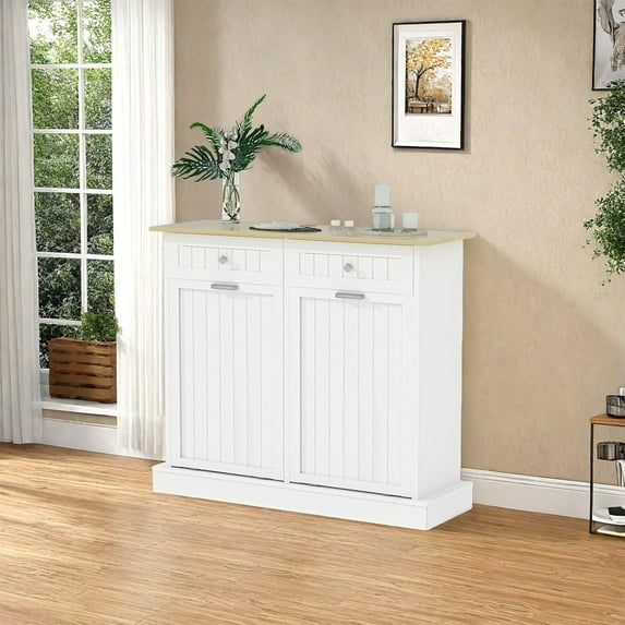 20 Gallons Tilt Out Trash Cabinet, 2 Door Wood Garbage Recycling Cabinet with Hideaway Drawer, Freestanding Kitchen Trash Bin Cabinet, Pet Proof Trash Can Holder for Kitchen Living Room, White