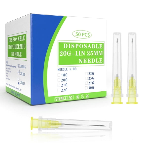 20 Gauge 1 Inch Disposable Needles with Caps - Luer Lock Lab Dispensing Accessories Individually Wrapped, Box of 50