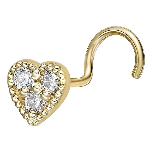 20 Gauge Cubic Zirconia Curved Screw Milgrain Heart Nose Ring in 10k