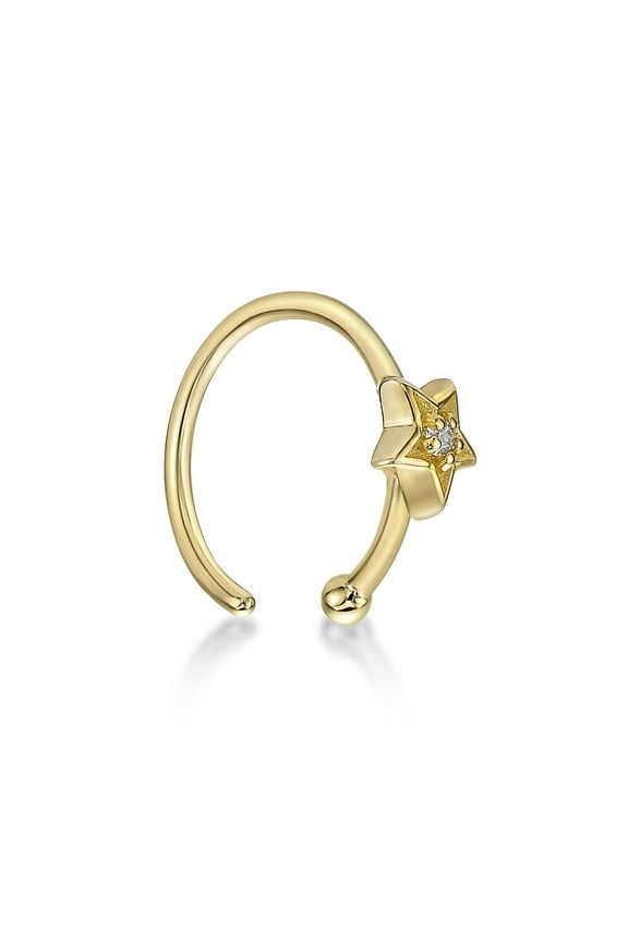 20 Gauge Open Hoop 14K Yellow Gold Cubic Zirconia Star Nose Ring