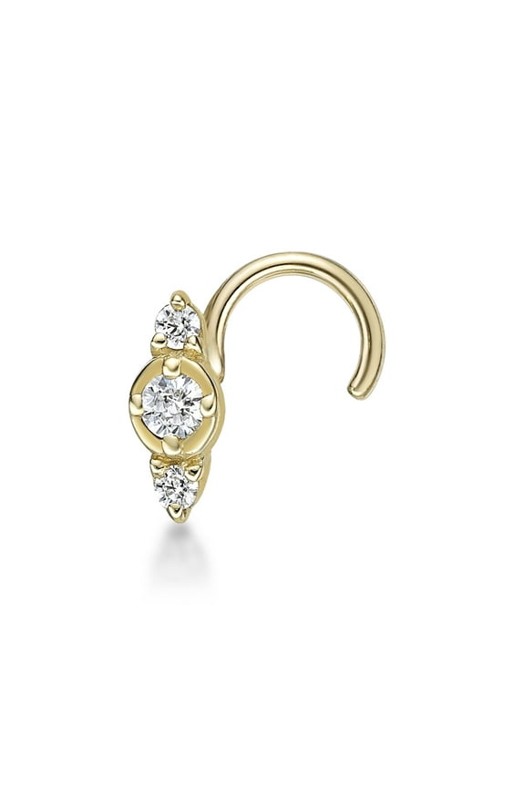 20 Gauge Curved 10K Yellow Gold Cubic Zirconia Three Stone Nose Ring