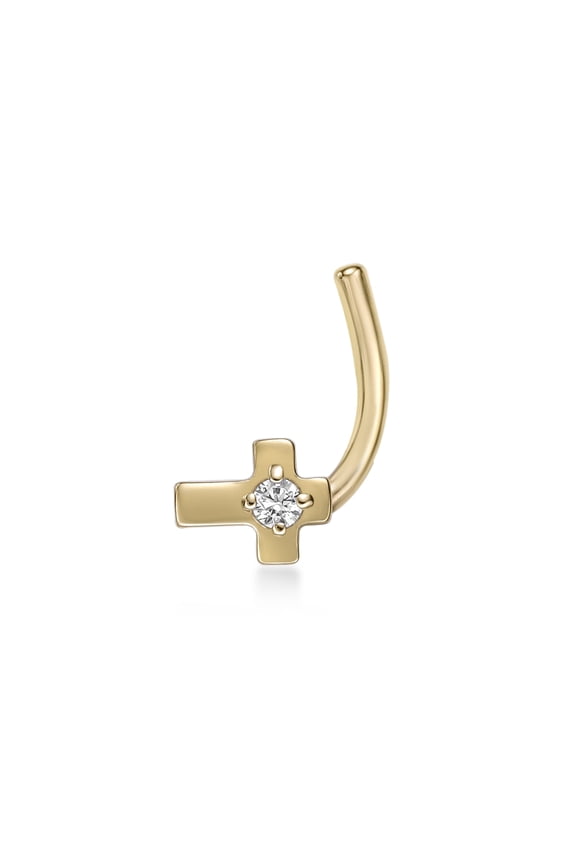 20 Gauge Curved 14K Yellow Gold Cubic Zirconia Side Cross Nose Ring