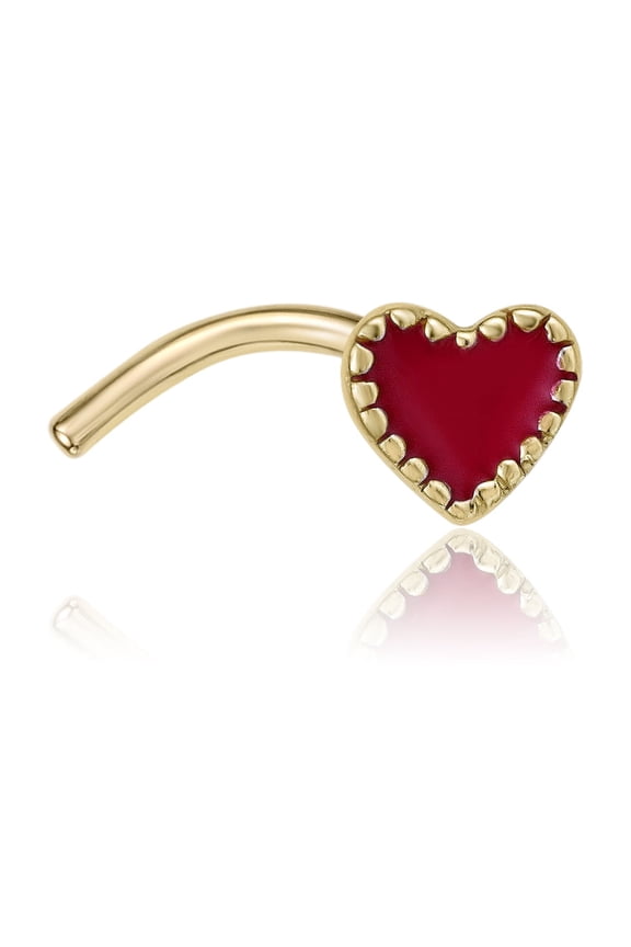 20 Gauge Curved 14K Yellow Gold Red Enamel Heart Nose Ring