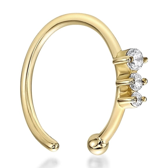 20 Gauge Hoop 14K Yellow Gold Three Stone Cubic Zirconia Open 8 MM Hoop Nose Ring