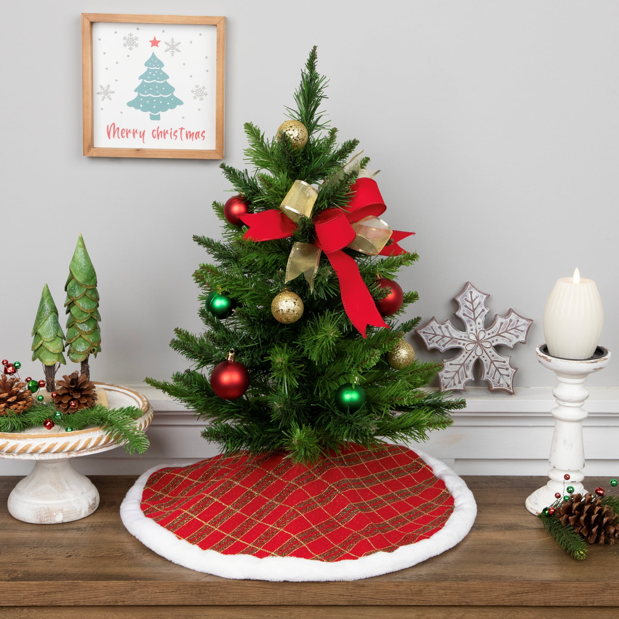 20" Glitter Red Green and Gold Plaid Mini Christmas Tree Skirt with White Faux Fur Border