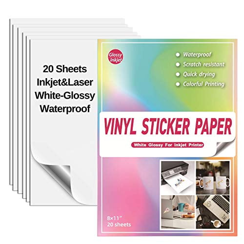 20 Glossy Sticker Paper Cricut for Inkjet Printer- Waterproof Paper  Printable Vinyl White Decal Sheets A4 - Holds Ink Beautifully & Dries  Quickly