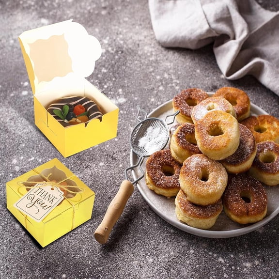 20 Gold Bakery Boxes with Window, Individual Cupcake Box 4x4x2.5 inches, Kraft Paper Gold Gift Box, for Pastries, Cookies, Pies, Donuts, Macarons