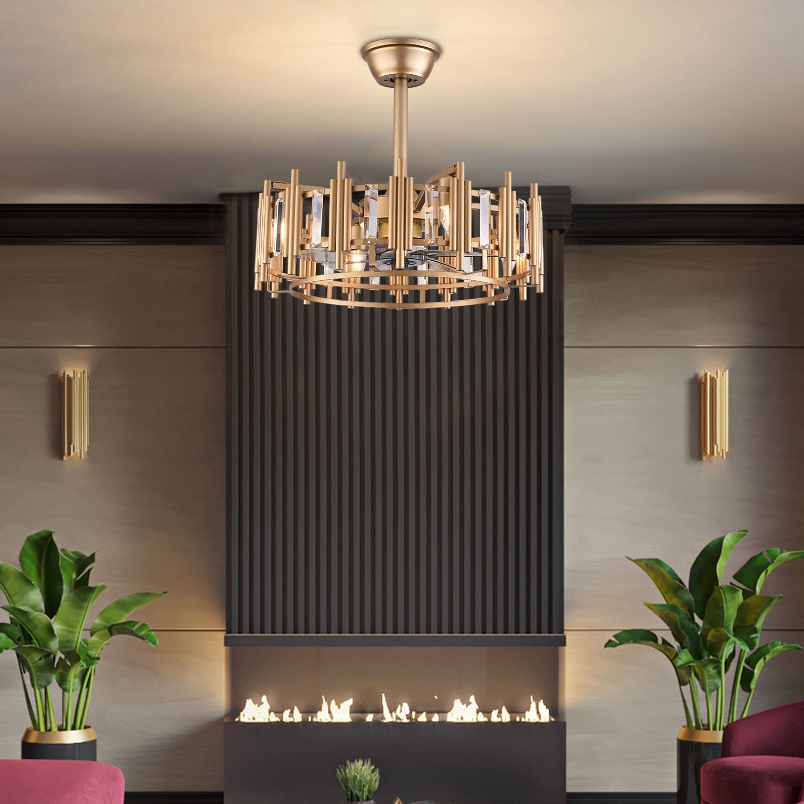20" Gold Ceiling Fans Light Chandelier with Remote Industrial Hanging Pendant Lamp 3 Gear Wind