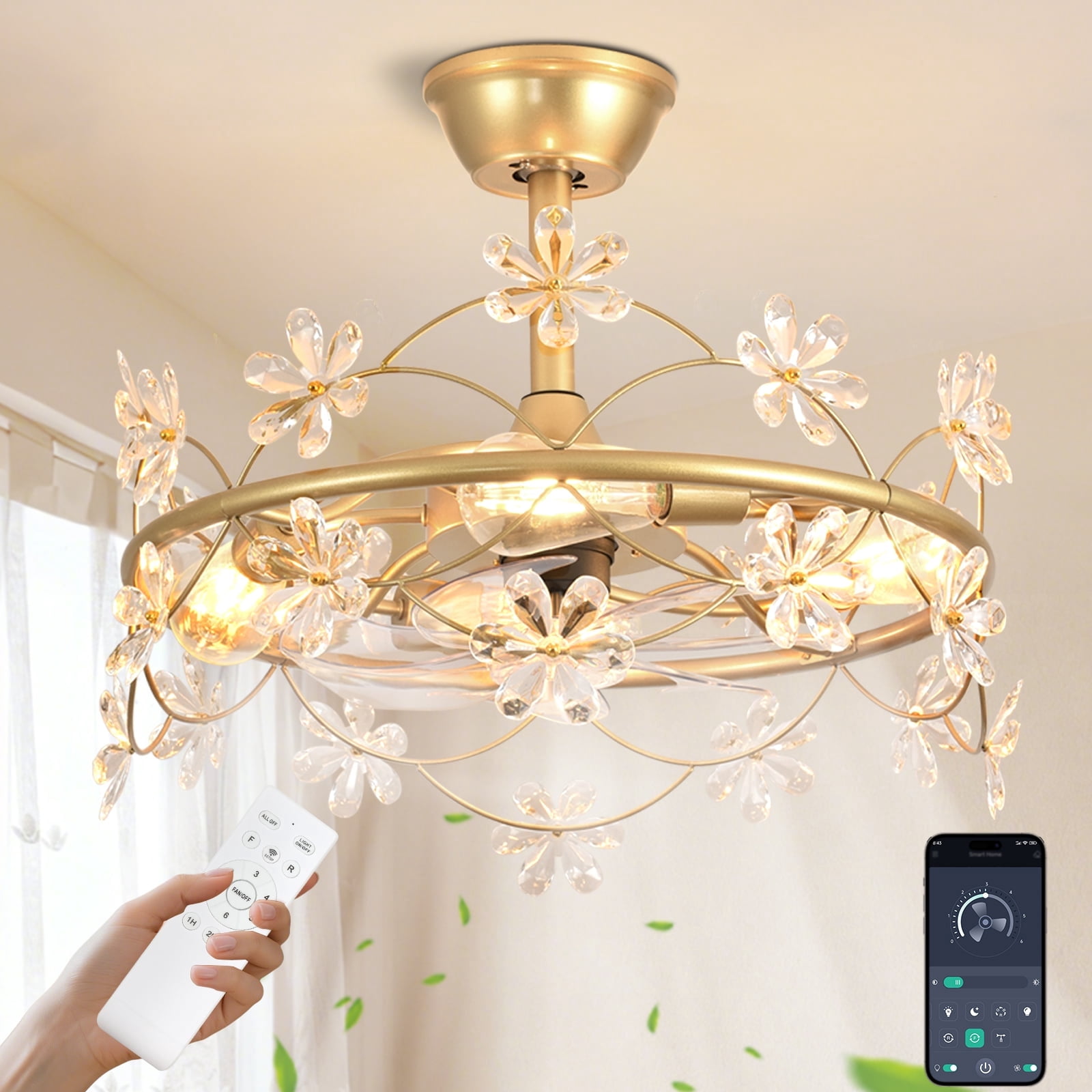 20" Gold Chandelier Ceiling Fan with Lights - Remote/APP Control, 4 LED Bulbs Included, 6-Speed DC Motor for Bedroom Living Room