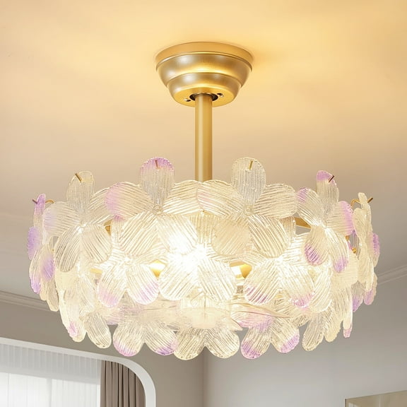 20" Gold Chandelier Flower Ceiling Fan with Light Remote Control, Gold Glass Fandelier Ceiling Fans with Lights, Caged Mid-Century for Bedroom, Nursery, Living Room