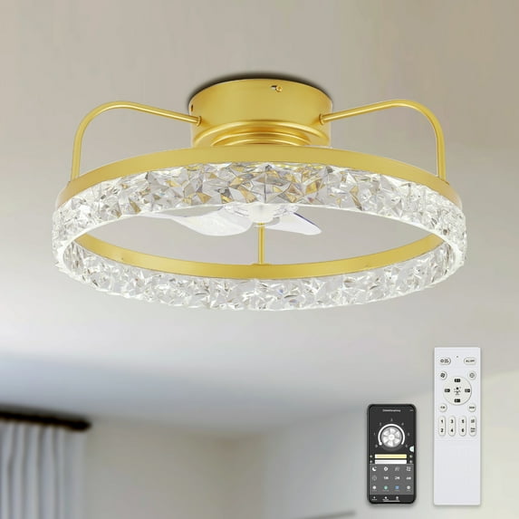 20" Gold Flush Mount Crystal Ceiling Fan with Reversible Blades, Dimmable Light, Control with Smart App and Remote