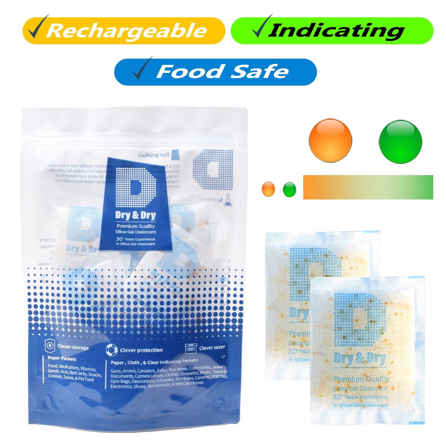 3/5/10/20/50 Gram Silica Gel Packets, 100Packs Total, Rechargeable Desiccant Packets with Orange Color Indicating, Food Safe Silica Gel for Moisture