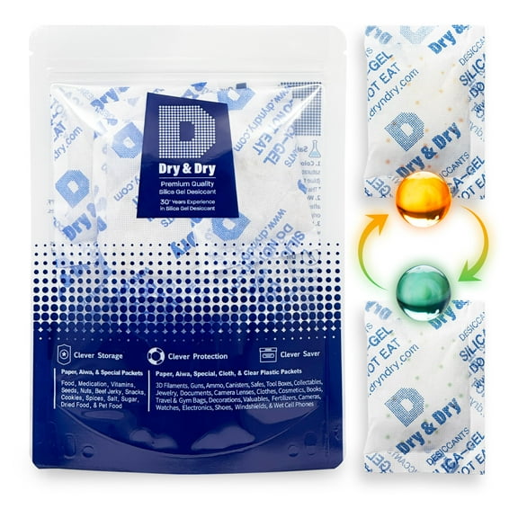 20 Gram [30 Packs] "Dry & Dry" Food Safe Orange Indicating(Orange to Dark Green) Mixed Silica Gel Packets - Moisture Absorber Dehumidifiers