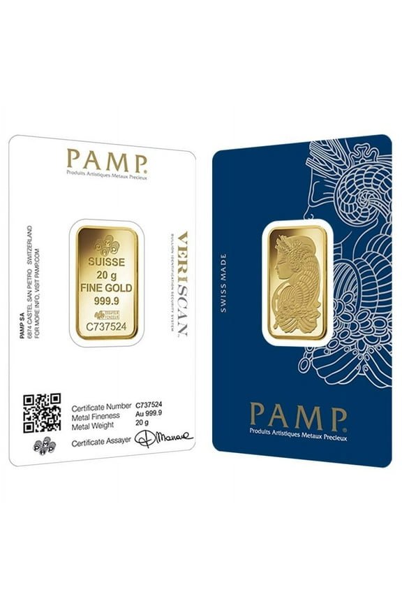20 Gram Gold Bar PAMP Suisse Lady Fortuna Veriscan .9999 Fine (in Assay)