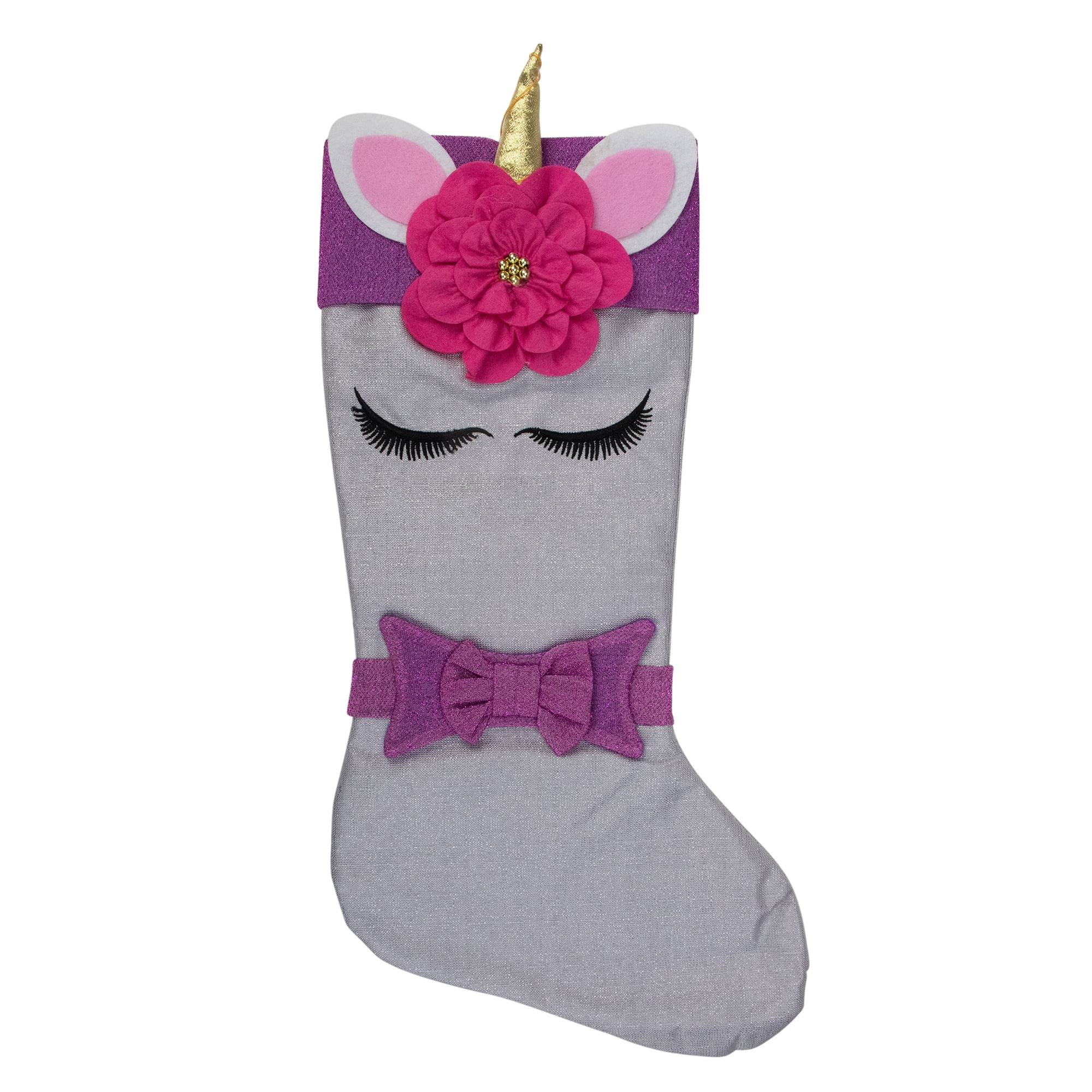20" Gray Unicorn Face Christmas Stocking with Purple Bow and Cuff